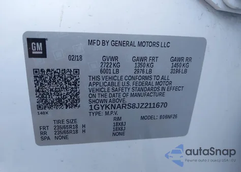 2018 Cadillac Xt5 Standard z USA, uszkodzony, nr VIN 1GYKNARS8JZ211670